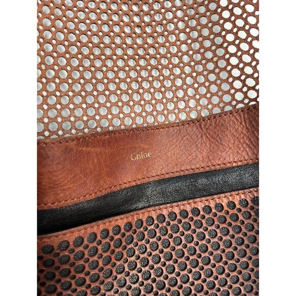 Chloe‎ Crossbody Bag Women Brown Perforated Leather Saddle Flap - Picture 3 of 11